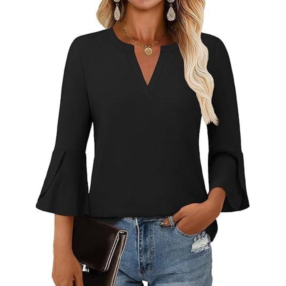 MSRP $20 GKBK Women's XL Black Blouses Ruffle 3/4 Sleeve Dressy Top V Neck